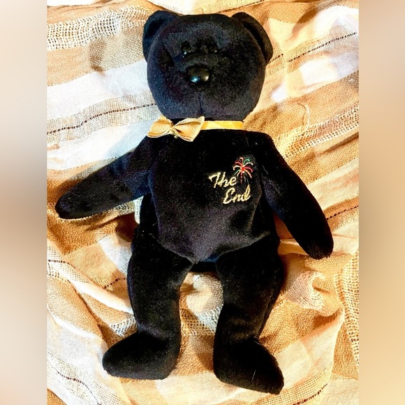 TY Beanie Baby “The End” Bear 1999 Black Plush Gold Fireworks Rare Y2K New Year - Picture 4 of 10